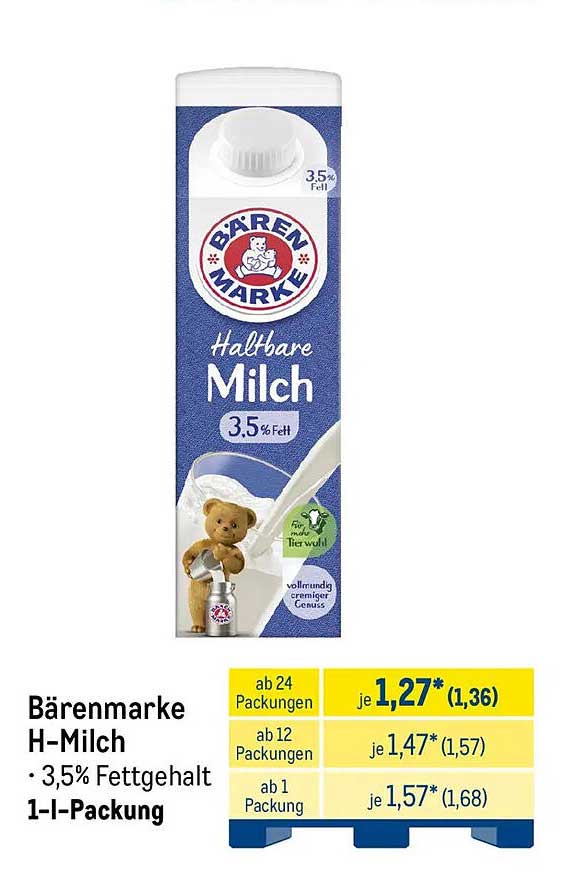 Bärenmarke H-Milch • 3,5% Fettgehalt • 1-l-Packung