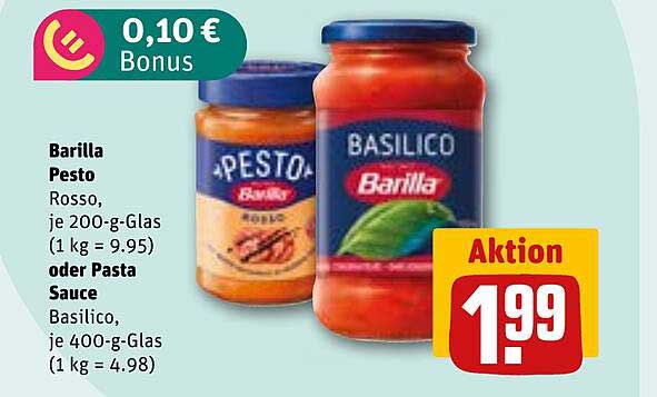 Barilla Pesto Rosso, je 200-g-Glas (1 kg = 9.95) oder Pasta Sauce Basilico, je 400-g-Glas (1 kg = 4.98)