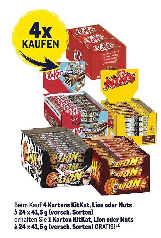 Beim Kauf 4 Kartons KitKat, Lion oder Nuts à 24 x 41,5 g (versch. Sorten) erhalten Sie 1 Karton KitKat, Lion oder Nuts à 24 x 41,5 g (versch. Sorten) GRATIS!
