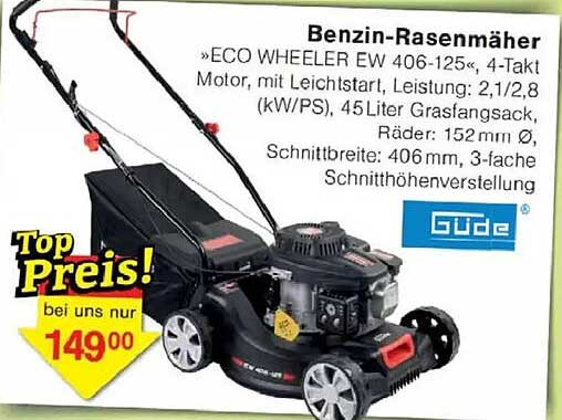 Benzin-Rasenmäher »ECO WHEELER EW 406-125«, 4-Takt-Motor, mit Leichtstart, Leistung: 2,1/2,8 (KW/PS), 45 Liter Grasfangsack, Räder: 152 mm Ø, Schnittbreite: 406 mm, 3-fache Schnitthöhenverstellung