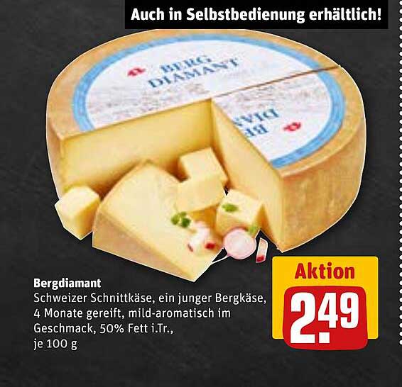 Bergdiamant Schweizer Schnittkäse, ein junger Bergkäse, 4 Monate gereift, mild-aromatisch im Geschmack, 50% Fett i.Tr., je 100 g