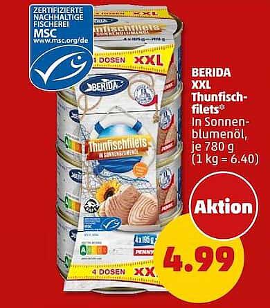 BERIDA XXL Thunfisch-filets* in Sonnenblumenöl, je 780 g (1 kg = 6.40)