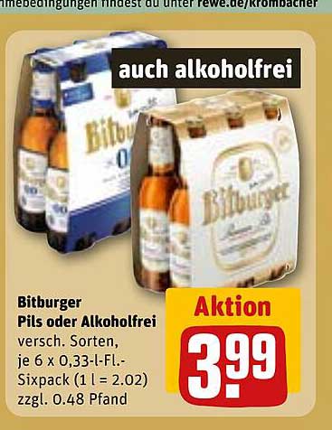 Bitburger Pils oder Alkoholfrei versch. Sorten, je 6 x 0,33-l-Fl.-Sixpack (1 l = 2.02) zzgl. 0.48 Pfand auch alkoholfrei Aktion