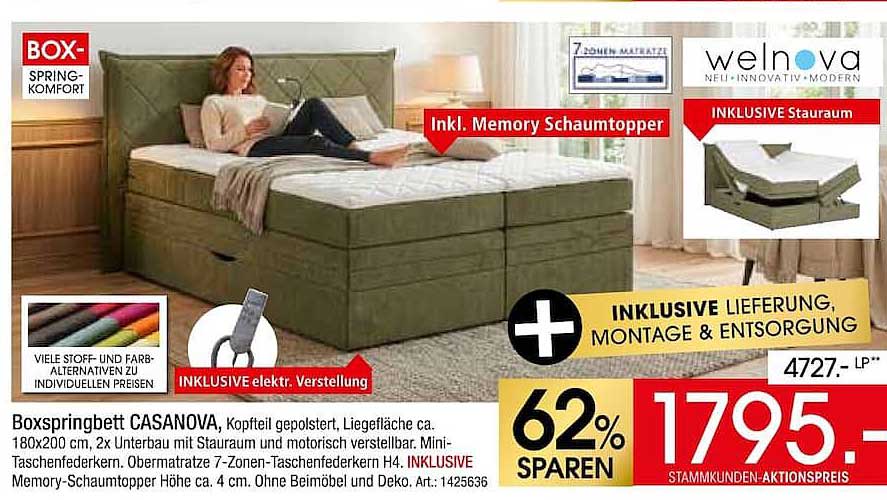 Boxspringbett CASANOVA, Kopfteil gepolstert, Liegefläche ca. 180x200 cm, 2x Unterbau mit Stauraum und motorisch verstellbar, Mini-Taschenfederkern. Obermatratze 7-Zonen-Taschenfederkern H4. INKLUSIVE Memory-Schaumtopper. Höhe ca. 4 cm. Ohne Beimöbel und D