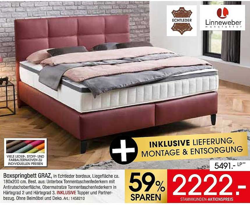 Boxspringbett GRAZ, in Echtleder bordeaux