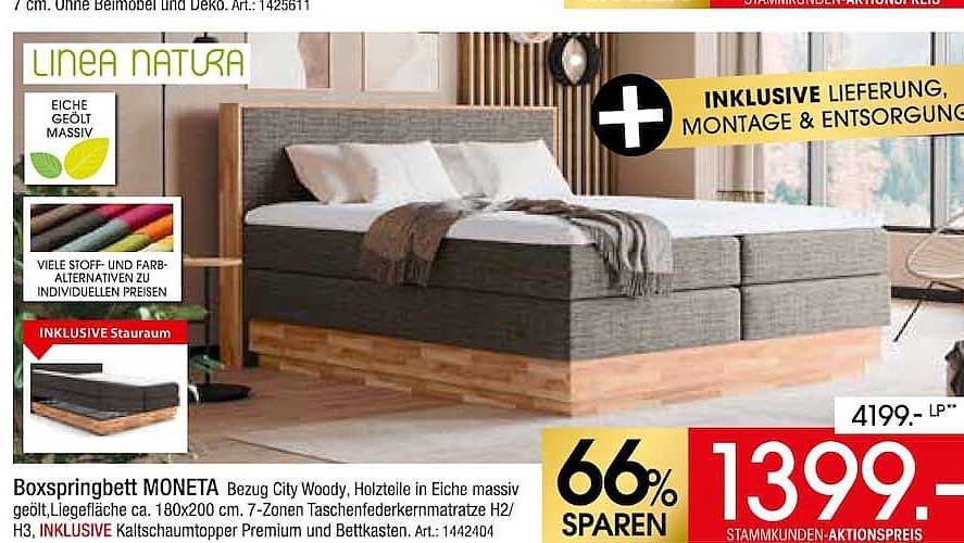 Boxspringbett MONETA Bezug City Woody, Holzteile in Eiche massiv geölt, Liegefläche ca. 180x200 cm, 7-Zonen Taschenfederkernmatratze H2/H3, INKLUSIVE Stauraum und Bettkasten.