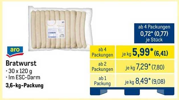 Bratwurst · 30 x 120 g · Im ESC-Darm · 3,6-kg-Packung