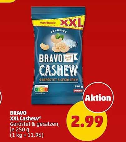 BRAVO XXL Cashew* Geröstet & gesalzen, je 250 g (1 kg = 11.96)