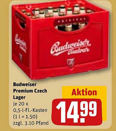 Budweiser Premium Czech Lager je 20 x 0,5-l-Fl.-Kasten (1 l = 1.50) zzgl. 3.10 Pfand