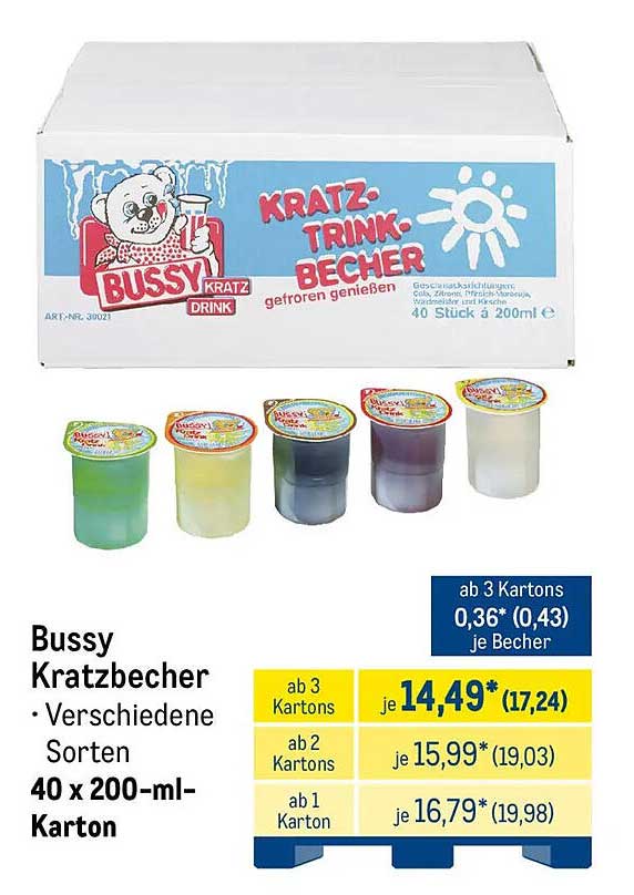 Bussy Kratzbecher • Verschiedene Sorten 40 x 200-ml-Karton