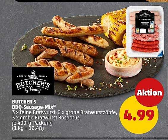 BUTCHER'S BBQ-Sausage-Mix* 3 x feine Bratwurst, 2 x grobe Bratwurst, 2 x grobe Bratwurst Bosporus, je 400-g-Packung (1 kg = 12.48)