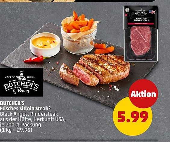 BUTCHER'S Frisches Sirloin Steak* Black Angus, Rindersteak aus der Hüfte, Herkunft USA, je 200-g-Packung (1 kg = 29.95)