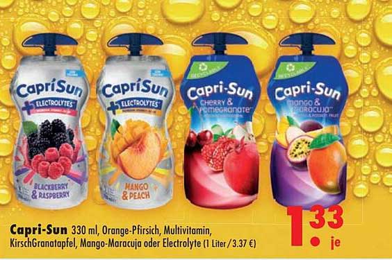 Capri-Sun 330 ml, Orange-Pfirsich, Multivitamin, KirschGranatapfel, Mango-Maracuja oder Electrolyte (1 Liter / 3,37 €)