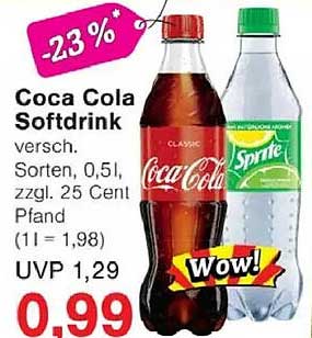 Coca Cola Softdrink versch. Sorten, 0,5l zzgl. 25 Cent Pfand (1 l = 1,98) UVP 1,29