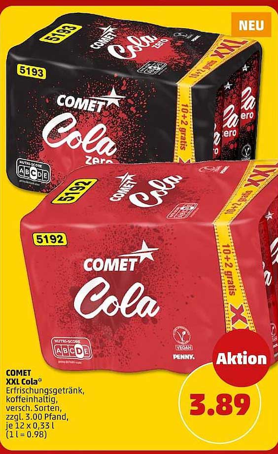 COMET XXL Cola* Erfrischungsgetränk, koffeinhaltig, versch. Sorten, zzgl. 3.00 Pfand, je 12 x 0,33 l (1 l = 0.98)