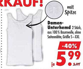 Damen-Unterhemd 2 Stück, aus 100 % Baumwolle, ohne Seitennaht, Größe S–XXL mit Spitze