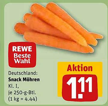 Deutschland: Snack Möhren Kl. I, je 250-g-Btl. (1 kg = 4.44)