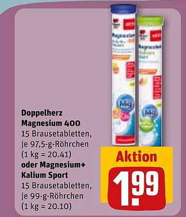 Doppelherz Magnesium 400 15 Brausetabletten, je 97,5-g-Röhrchen (1 kg = 20.41) oder Magnesium+ Kalium Sport 15 Brausetabletten, je 99-g-Röhrchen (1 kg = 20.10)