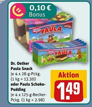 Dr. Oetker Paula Snack je 4 x 28-g-Pckg. (1 kg = 13.30) oder Paula Schoko-Pudding je 4 x 125-g-Becher-Pckg. (1 kg = 2.98)