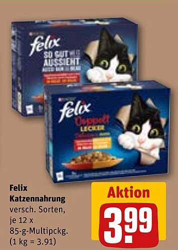 Felix Katzennahrung versch. Sorten, je 12 x 85-g-Multipckg. (1 kg = 3.91)