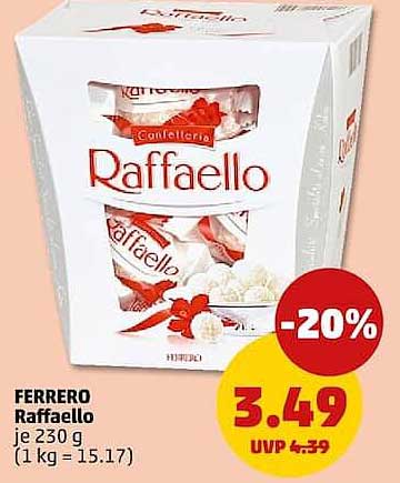 Ferrero Raffaello je 230 g (1 kg = 15.17)