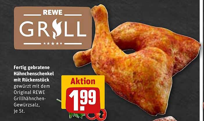 Fertig gebratene Hähnchenschenkel mit Rückstück gewürzt mit dem Original REWE Grillhähnchen-Gewürzsalz, je St.