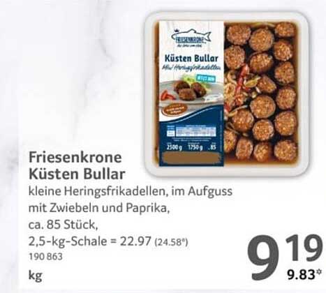 Friesenkrone Küsten Bullar kleine Heringsfrikadellen, im Aufguss mit Zwiebeln und Paprika, ca. 85 Stück, 2,5-kg-Schale