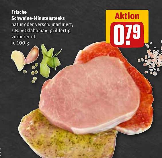 Frische Schweine-Minutensteaks natur oder versch. mariniert, z.B. »Oklahoma, grillfertig vorbereitet, je 100 g