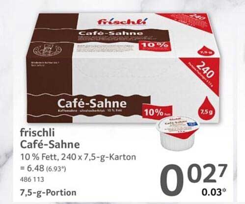 frischli Café-Sahne 10 % Fett, 240 x 7,5-g-Karton = 6.48 (6.93*) 486 113 7,5-g-Portion