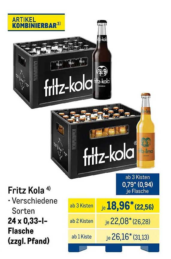 Fritz Kola • Verschiedene Sorten 24 x 0,33-l-Flasche (zzgl. Pfand)