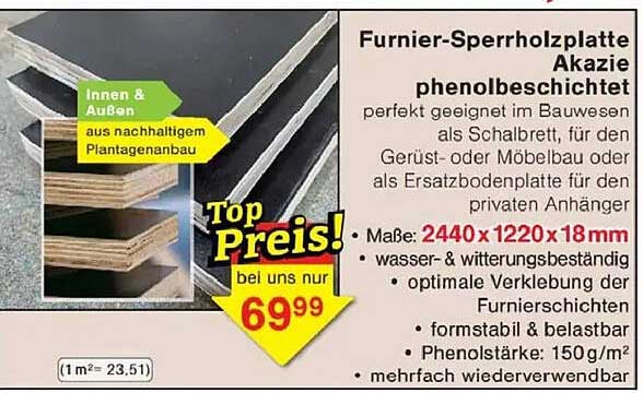 Furnier-Sperrholzplatte Akazie phenolbeschichtet