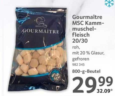 Gourmaitre MSC Kamm-muschel-fleisch 20/30 roh, mit 20 % Glasur, gefroren 982 345 800-g-Beutel