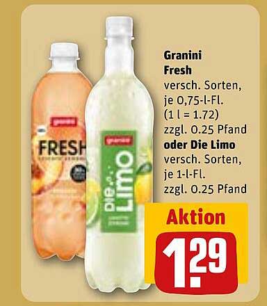 Granini Fresh versch. Sorten, je 0,75-l-Fl. (1 l = 1.72) zzgl. 0.25 Pfand oder Die Limo versch. Sorten, je 1-l-Fl. zzgl. 0.25 Pfand