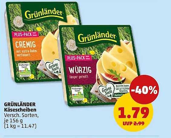 GRÜNLÄNDER Käsescheiben Versch. Sorten, je 156 g (1 kg = 11.47)