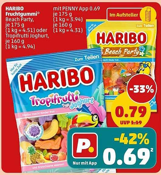 HARIBO Fruchtgummi* Beach Party, je 175 g (1 kg = 4.51) oder Tropifrutti Joghurt, je 160 g (1 kg = 4.94)