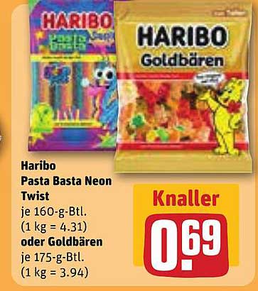 Haribo Pasta Basta Neon Twist je 160-g-Btl. (1 kg = 4.31) oder Goldbären je 175-g-Btl. (1 kg = 3.94)