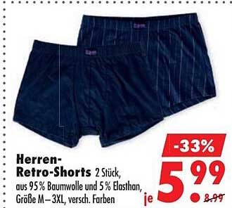Herren-Retro-Shorts 2 Stück, aus 95% Baumwolle und 5% Elasthan, Größe M–3XL, versch. Farben