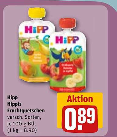 Hipp Hipps Fruchtquetschen versch. Sorten, je 100-g-Btl. (1 kg = 8.90)