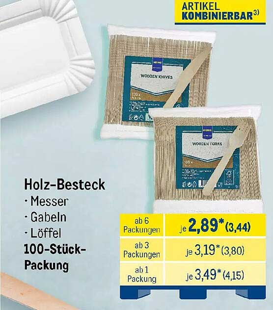Holz-Besteck Messer Gabeln Löffel 100-Stück-Packung