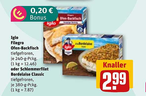Iglo Filegro Ofen-Backfisch tiefgefroren, je 240-g-Pckg. (1 kg = 12.46) oder Schlemmerfilet Bordelaise Classic tiefgefroren, je 380-g-Pckg. (1 kg = 7.87)