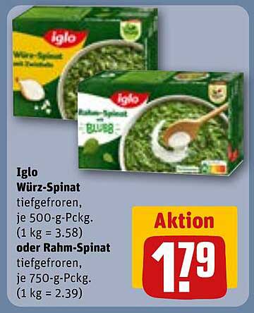 Iglo Würz-Spinat tiefgefroren, je 500-g-Packg. (1 kg = 3.58) oder Rahm-Spinat tiefgefroren, je 750-g-Packg. (1 kg = 2.39)