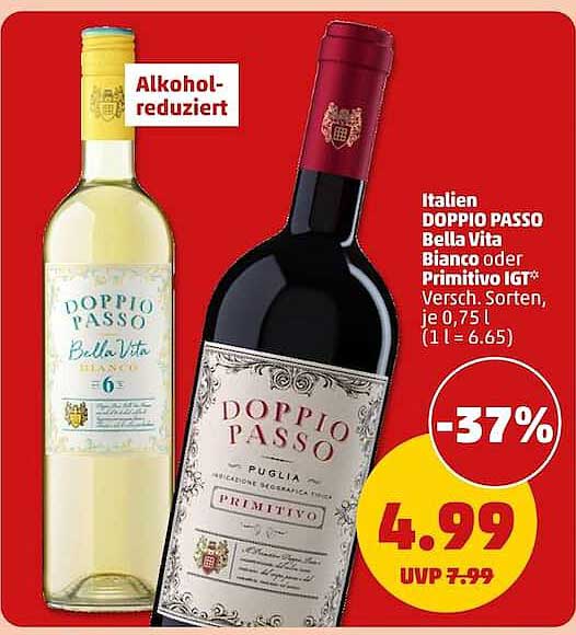 Italien DOPPIO PASSO Bella Vita Bianco oder Primitivo IGT* versch. Sorten, je 0,75 l (1 l = 6.65)