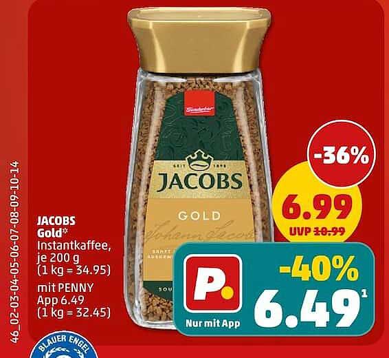 JACOBS Gold® Instantkaffee, je 200 g (1 kg = 34,95) mit PENNY App 6.49 (1 kg = 32.45)
