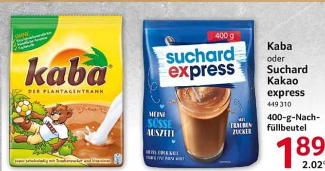 Kaba oder Suchard Kakao express 400-g-Nachfüllbeutel