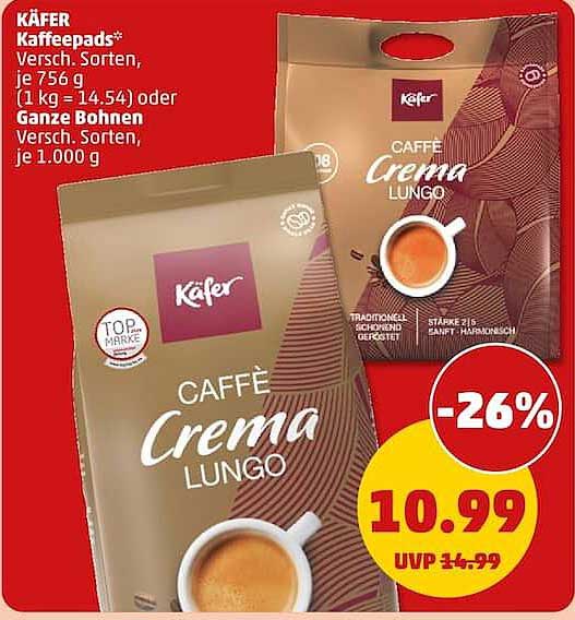 KÄFER Kaffeepads* Versch. Sorten, je 756 g (1 kg = 14.54) oder Ganze Bohnen Versch. Sorten, je 1.000 g