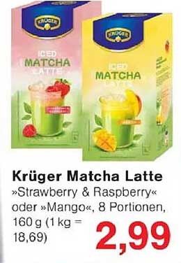 Kräuger Matcha Latte »Strawberry & Raspberry« oder »Mango«, 8 Portionen, 160 g (1 kg = 18,69)