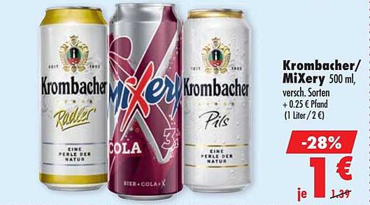 Krombacher/Mixery 500 ml, versch. Sorten + 0,25 € Pfand (1 Liter / 2 €)