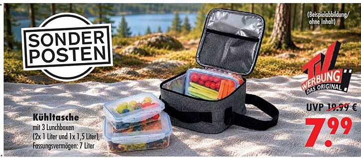 Kühltasche mit 3 Lunchboxen (2x 1 Liter und 1x 1,5 Liter), Fassungsvermögen: 7 Liter