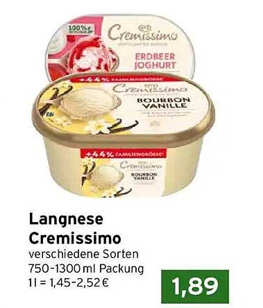 Langnese Cremissimo verschiedene Sorten 750-1300 ml Packung 1l = 1,45-2,52€