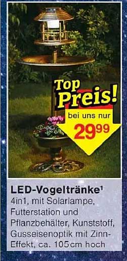 LED-Vogeltränke¹ 4in1, mit Solarlampe, Futterstation und Pflanzbehälter, Kunststoff, Gusseisenoptik mit Zinn-Effekt, ca. 105cm hoch